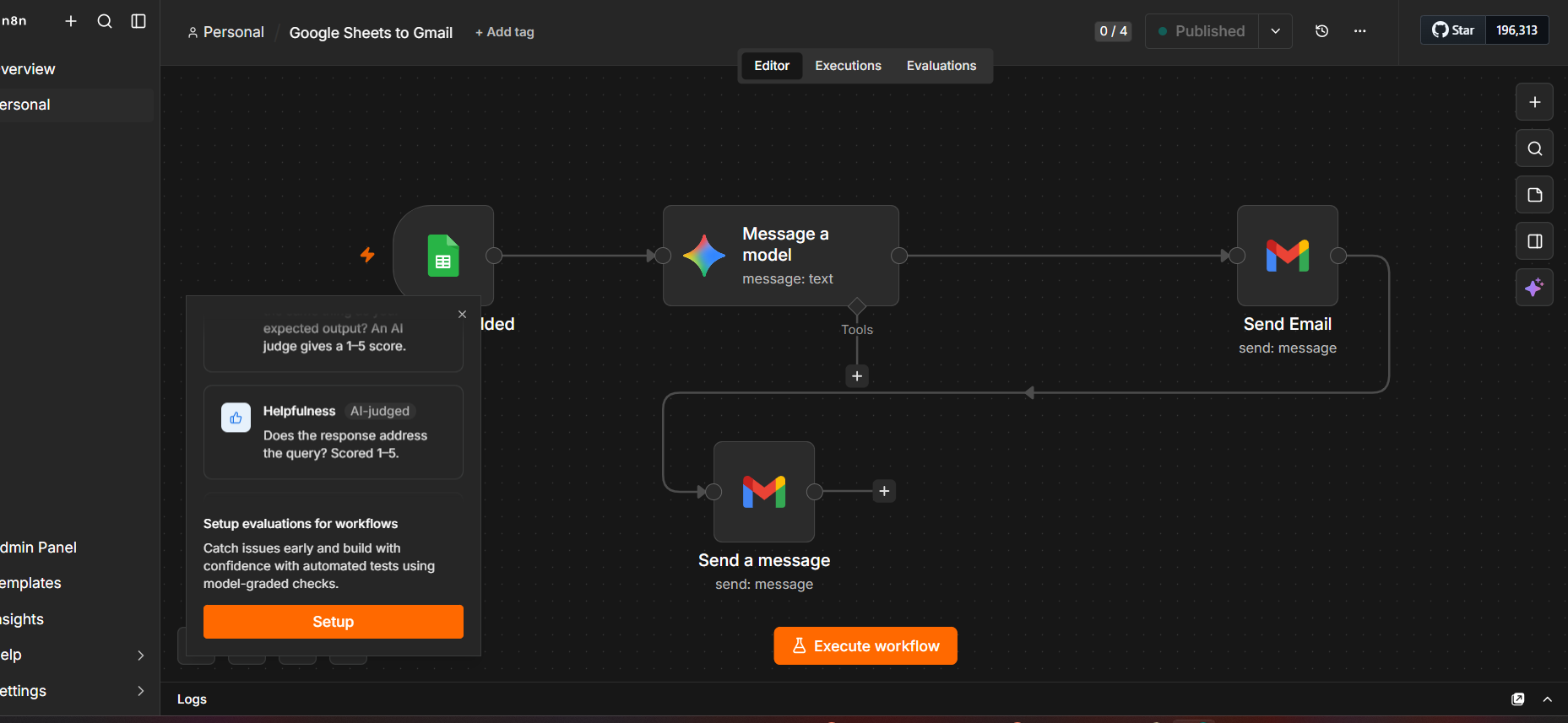 n8n AI Agent Workflow showing the complete automation pipeline from Google Sheets trigger through AI processing to Gmail dispatch